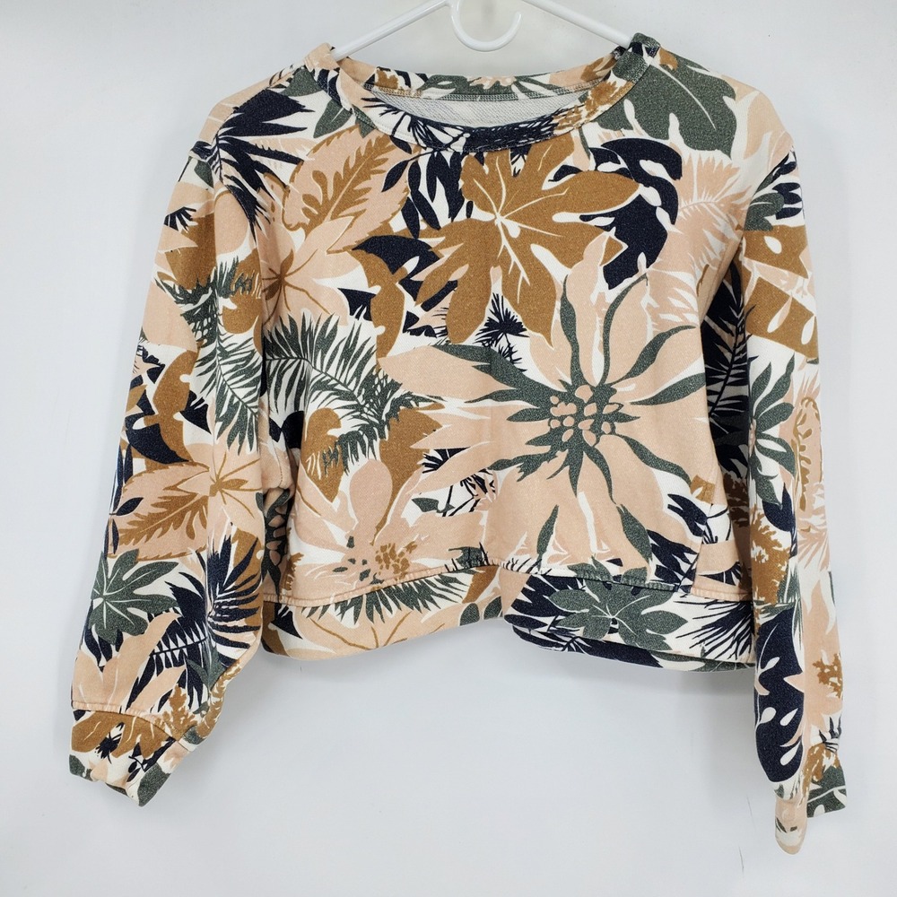 Rag & Bone Tropical Victoria Botanical Print Cropped‎ Sweatshirt Tan Green Small